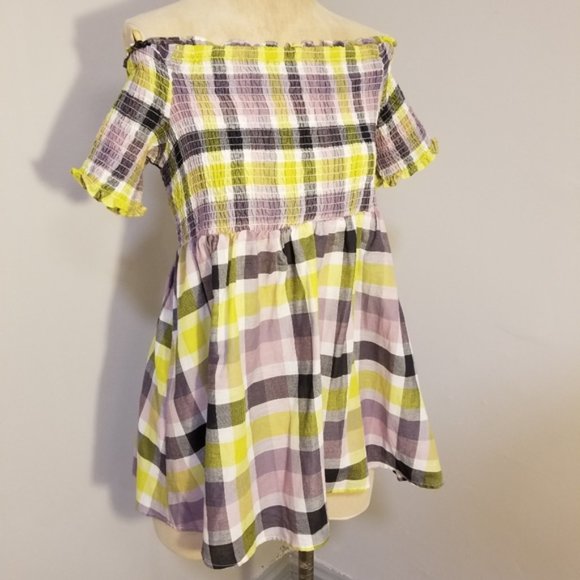 TORRID MULTI PLAID SMOCKED OFF THE SHOULDER TOP NEW W/TAGS BABYDOLL SUMMER 2X - Picture 5 of 7